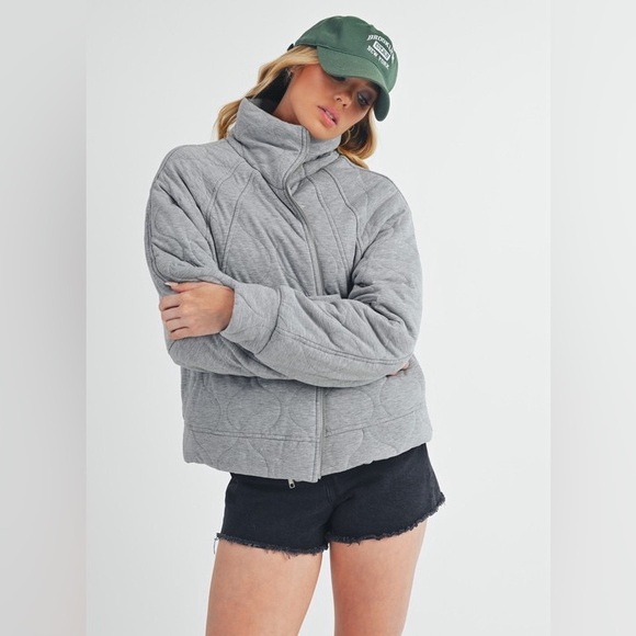 Aemi+Co Zip Up Raglan Sleeve Quilted Jacket Gray - Picture 2 of 9